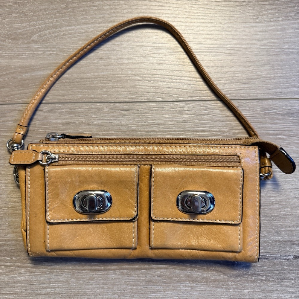 Nordstrom Tan Leather Zippered Clutch with Multiple Compartments and Strap